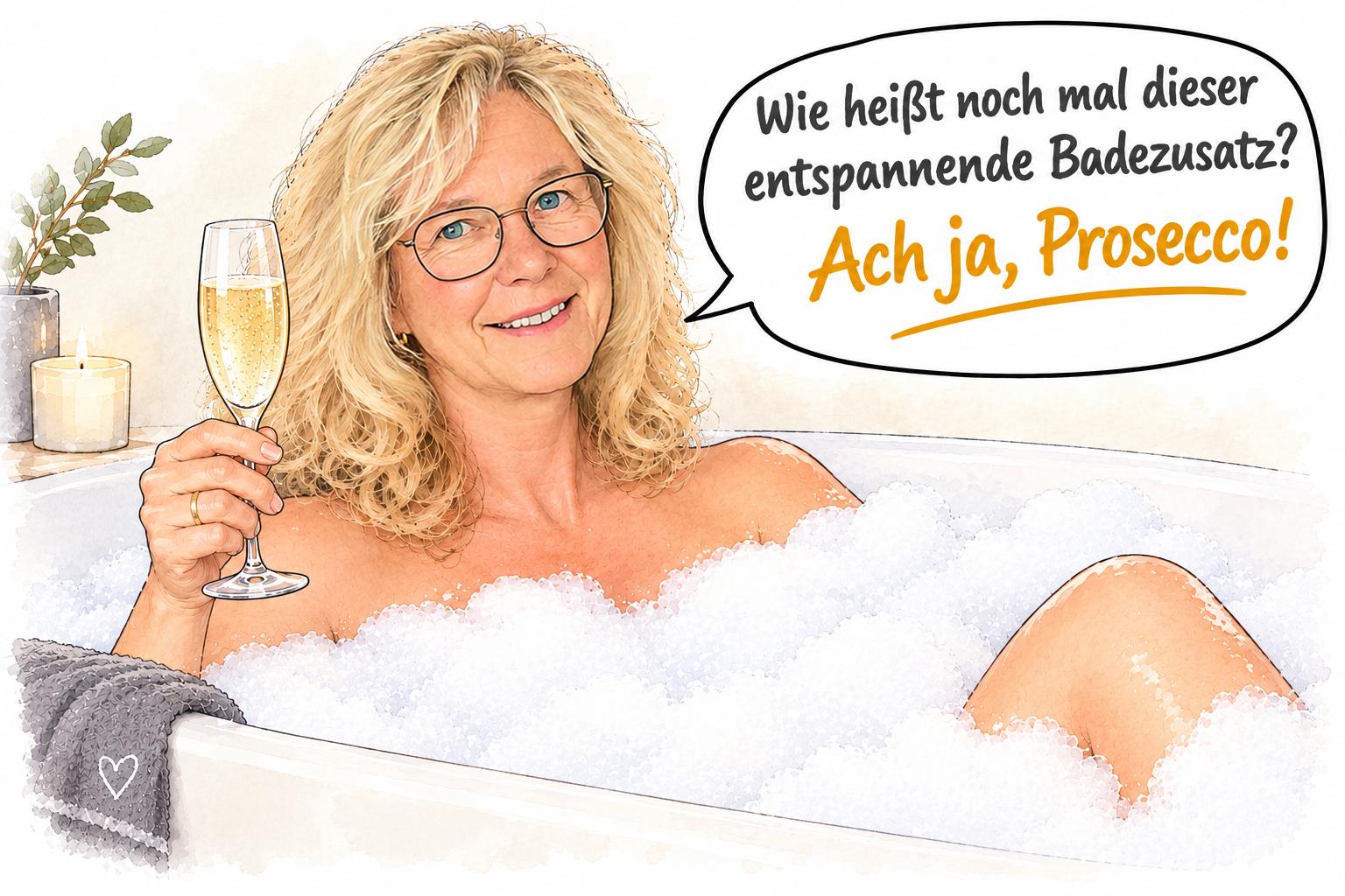 Claudia Cartoons – Prosecco, der entspannende Badezusatz