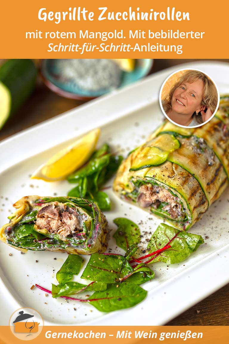 Gegrillte Zucchinirollen mit rotem Mangold