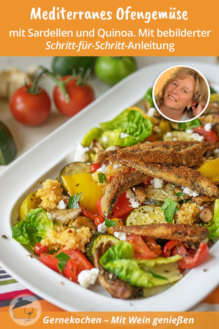 Mediterranes Ofengemüse mit Sardellen, Austernpilzen, Feta und Quinoa