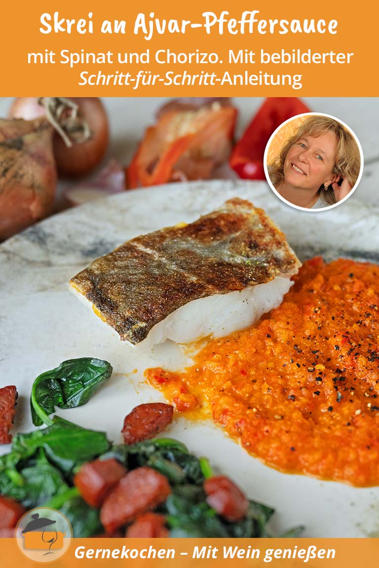Skrei an Ajvar-Pfeffersauce mit Spinat und Chorizo