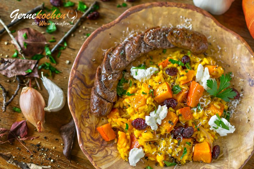 Kürbis-Risotto mit Ziegenwuerstchen