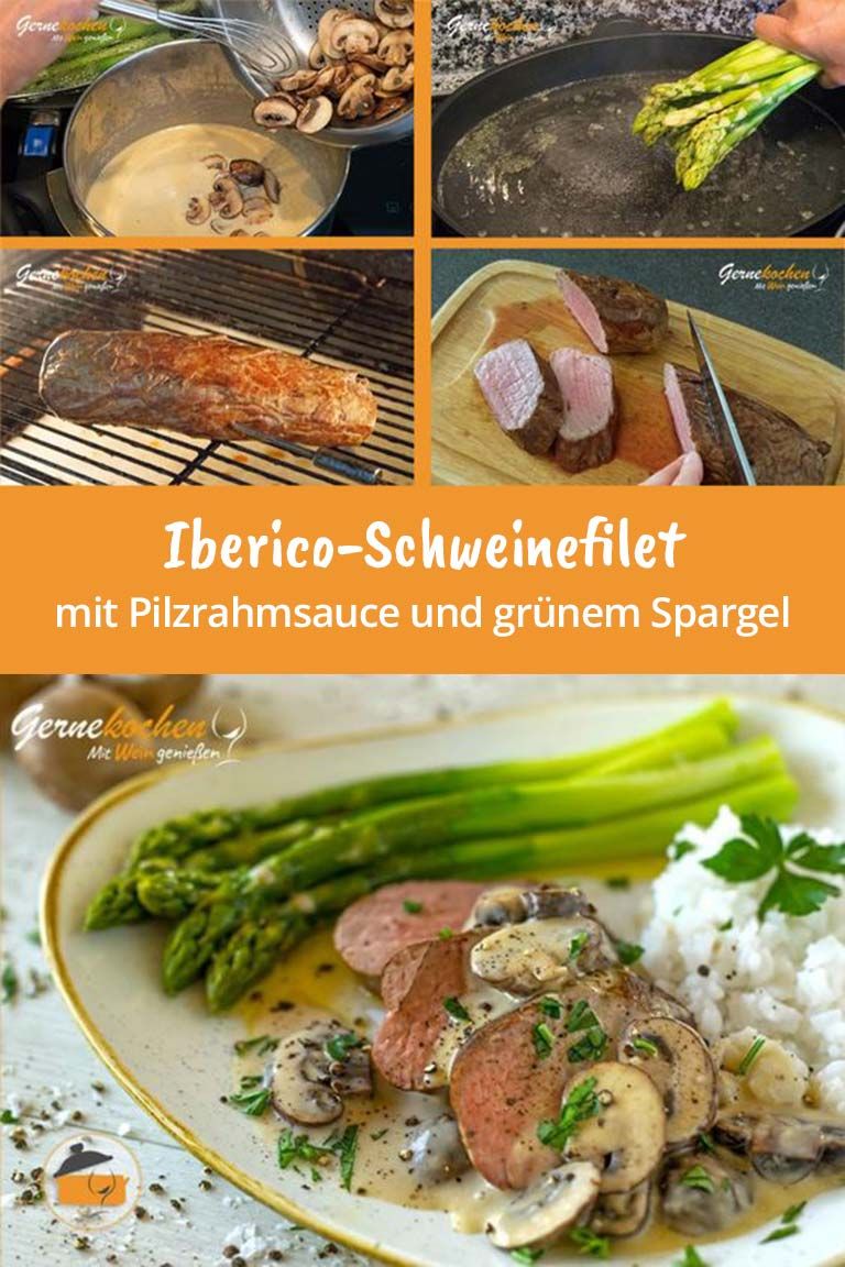 Schweinefilet mit Pilzrahmsauce und grünem Spargel